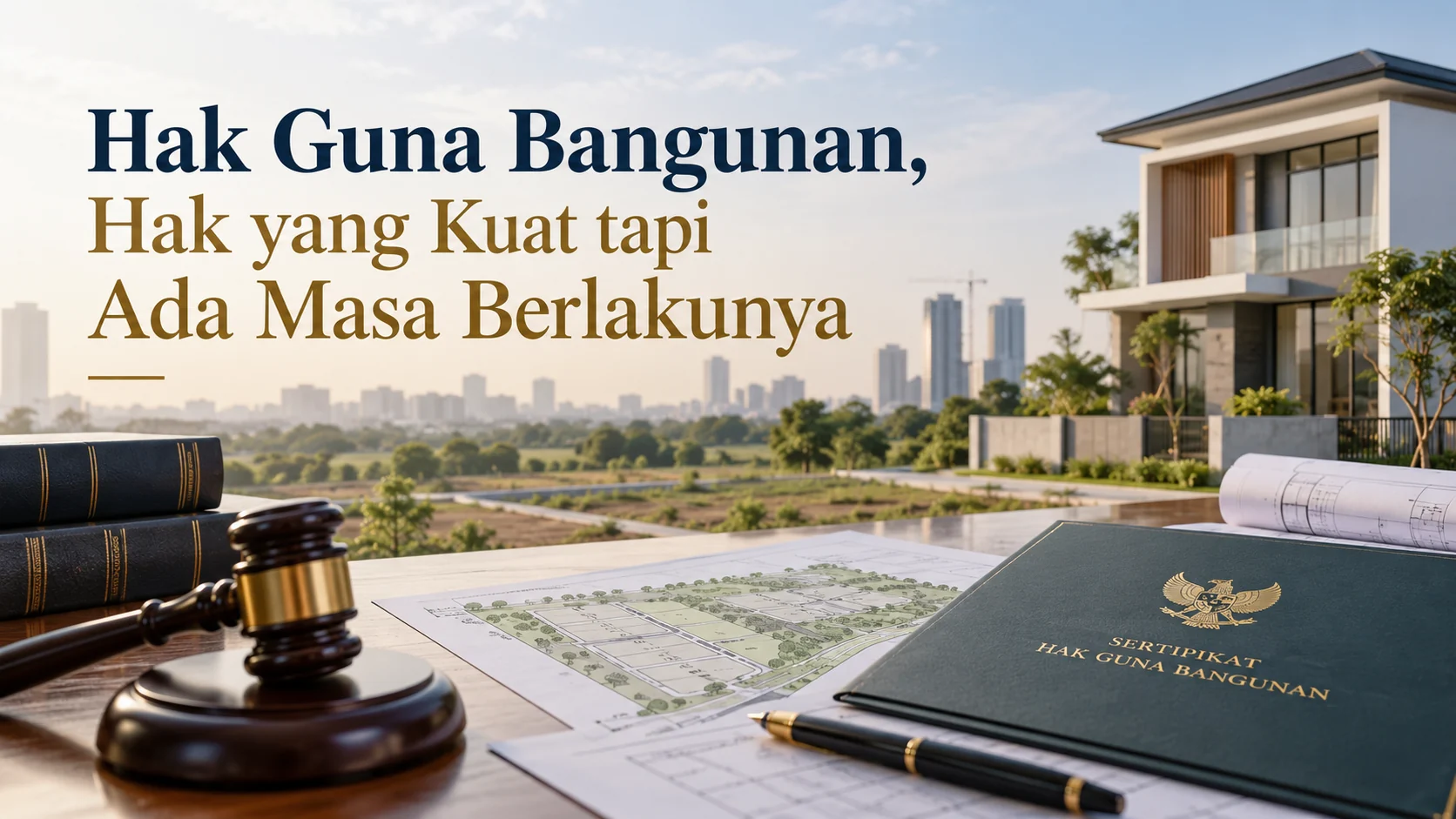Ilustrasi Hak Guna Bangunan dengan sertifikat HGB, dokumen pertanahan, dan bangunan properti.