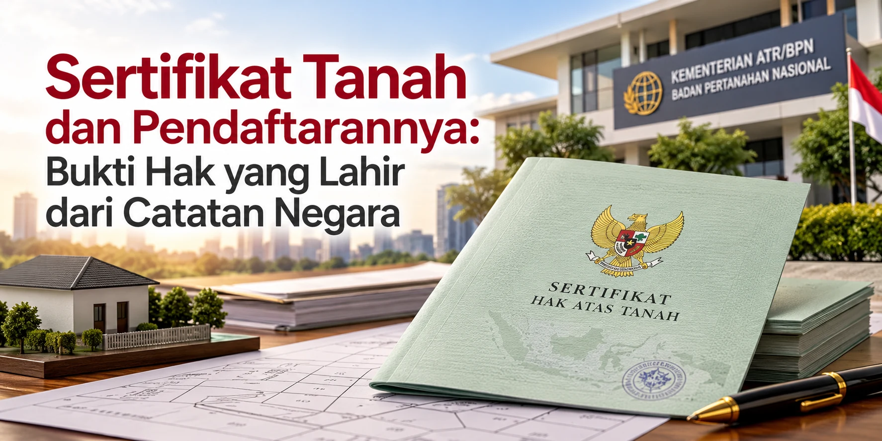 Ilustrasi sertifikat tanah, peta bidang tanah, dan kantor ATR/BPN yang menggambarkan proses pendaftaran tanah di Indonesia.