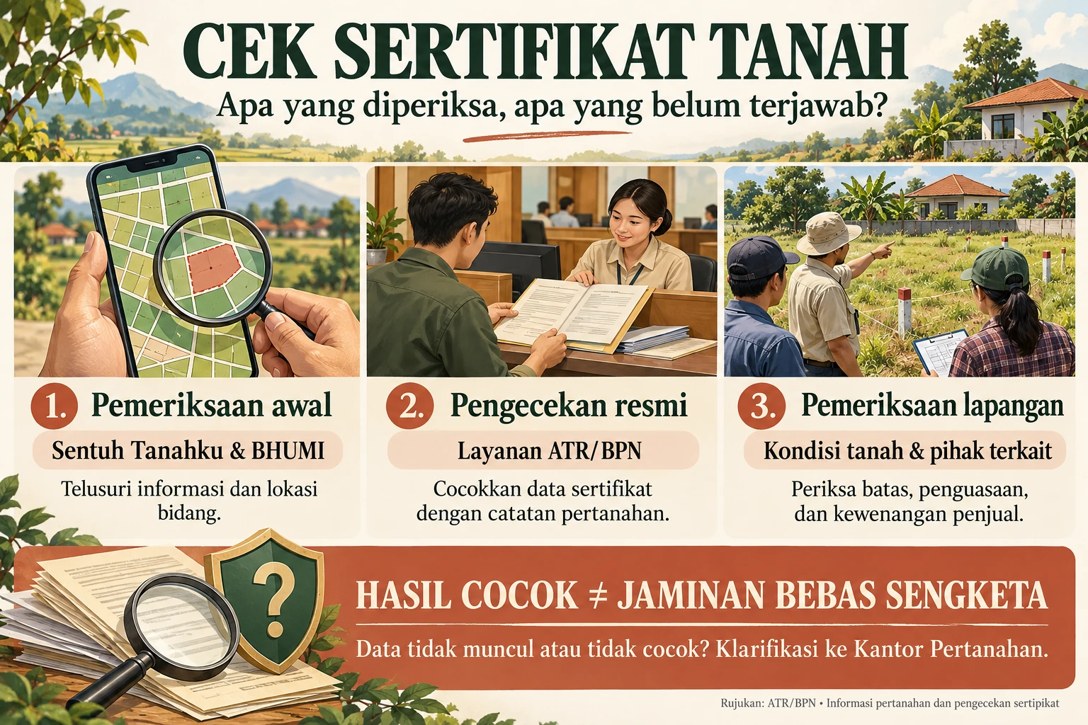 Perbedaan cek sertifikat tanah melalui aplikasi, pengecekan resmi ATR/BPN, dan pemeriksaan lapangan.
