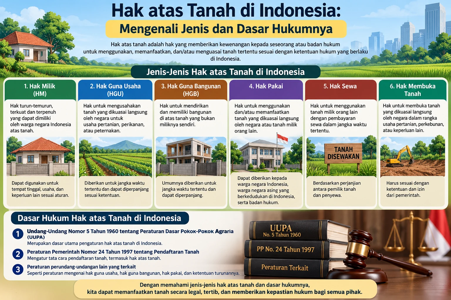 Ilustrasi jenis-jenis hak atas tanah di Indonesia, meliputi Hak Milik, HGU, HGB, Hak Pakai, Hak Sewa, dan dasar hukum pertanahan berdasarkan UUPA.