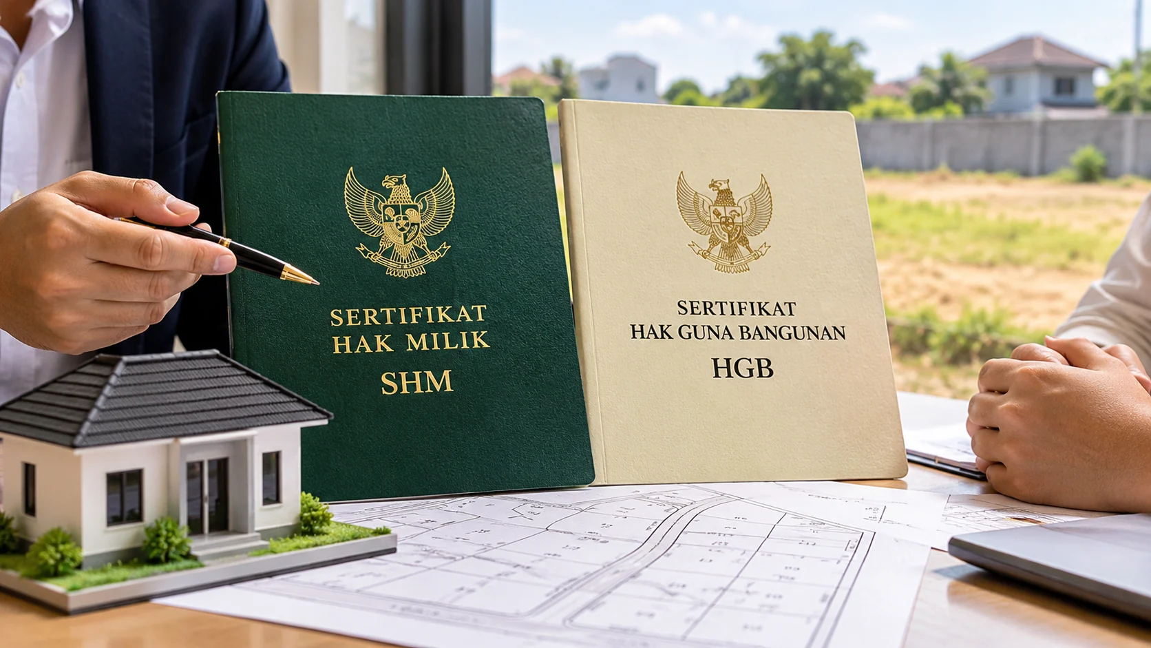 Ilustrasi perbandingan Sertifikat Hak Milik (SHM) dan Hak Guna Bangunan (HGB) sebelum melakukan transaksi pembelian tanah.