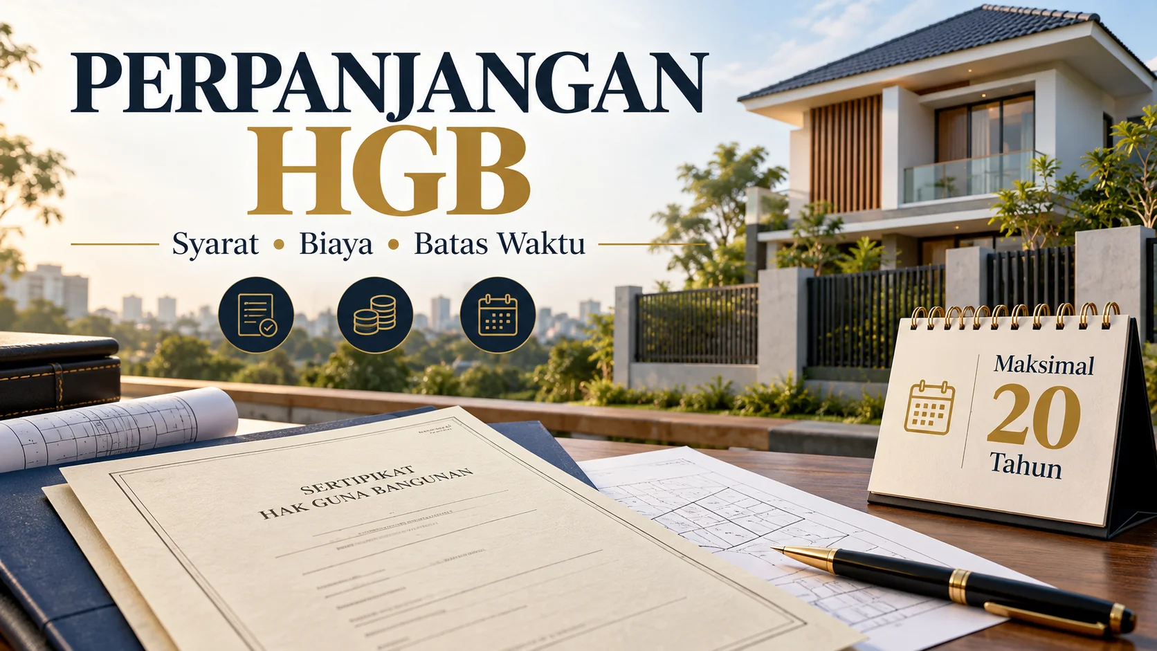 Sertifikat HGB dengan ilustrasi rumah dan kalender masa perpanjangan 20 tahun.